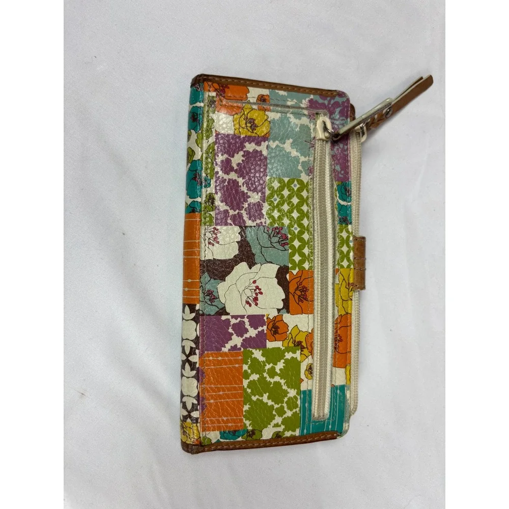 Fossil Patchwork Floral Bifold Wallet Leather Trim Green Polka Dot Organizer